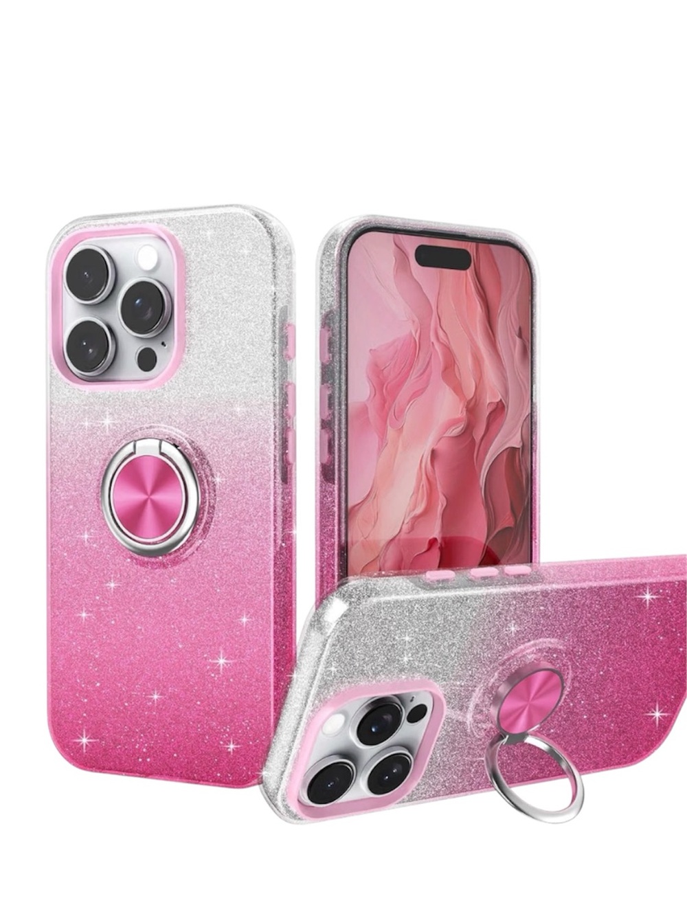 Luxury Glitter Case for iPhone 16 Pro Max Ring Holder Magnet Pink Sparkle Cover